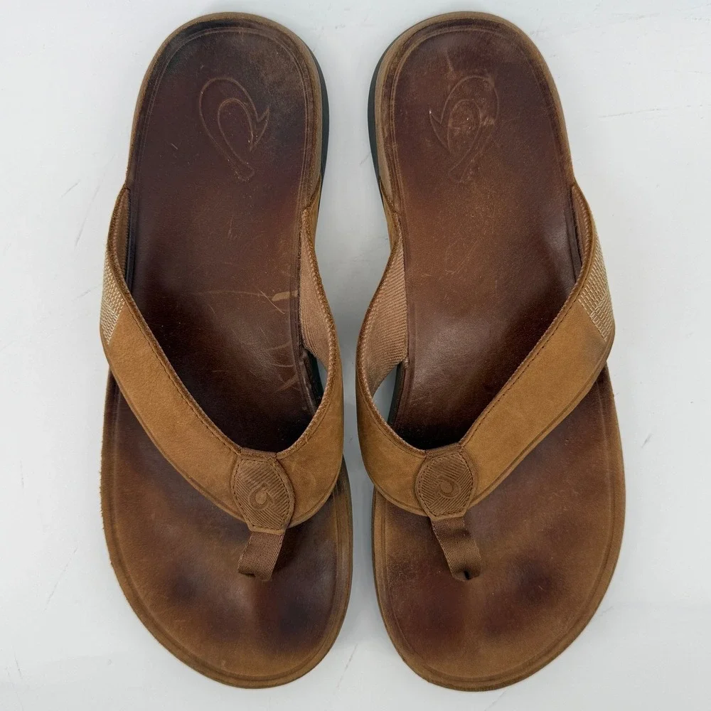 OluKai Tuahine Waterproof Leather Flip Flop Sandals Brown Men 13 Comfort Casual